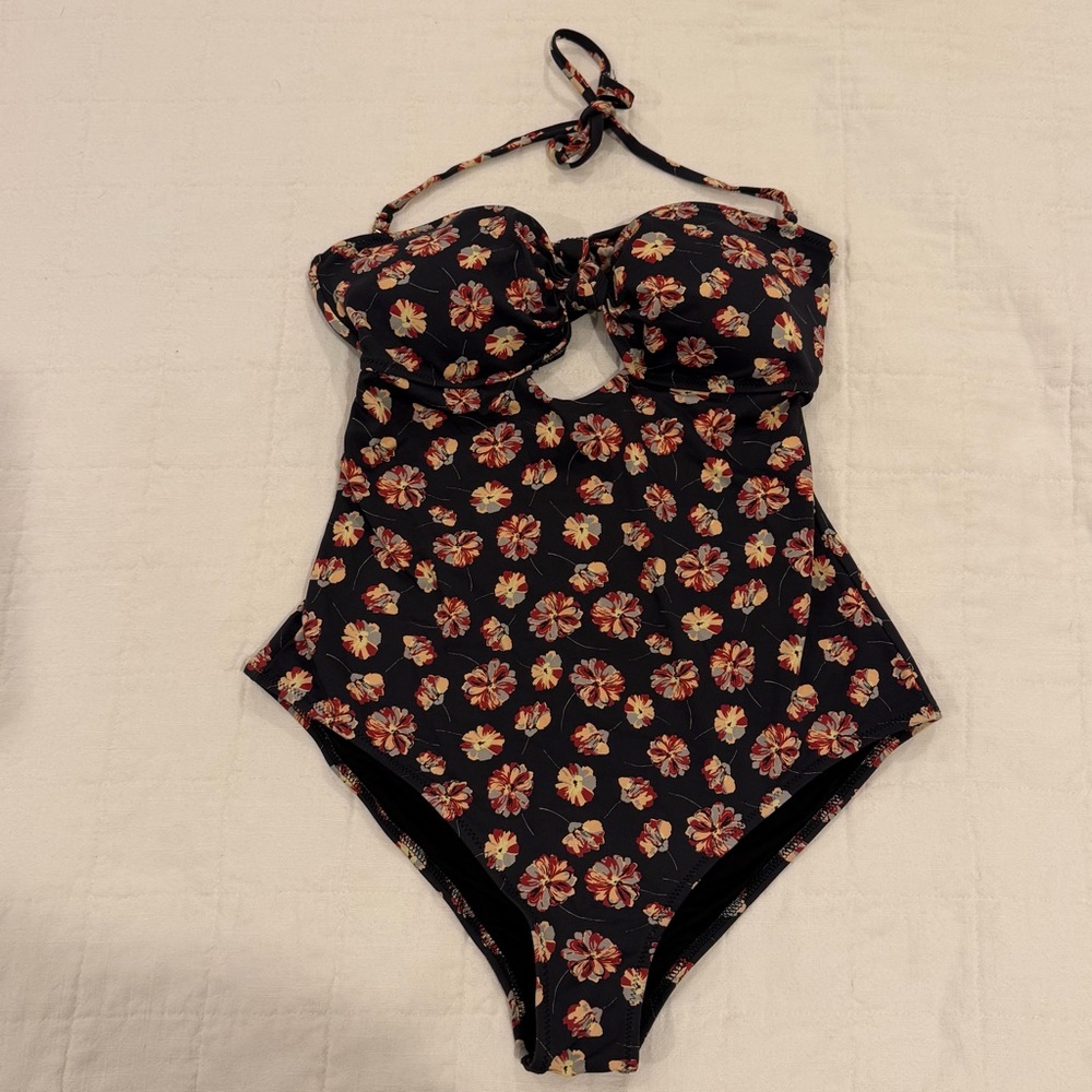 Eberjey Floral Dark Navy One-Piece Swimsuit Key hole Bandeau Halter Tie Neck